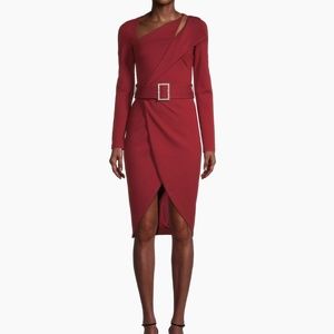 Lavish Alice Ponte Asymmetric Red Long-Sleeve Cut Out Cocktail Dress with Belt